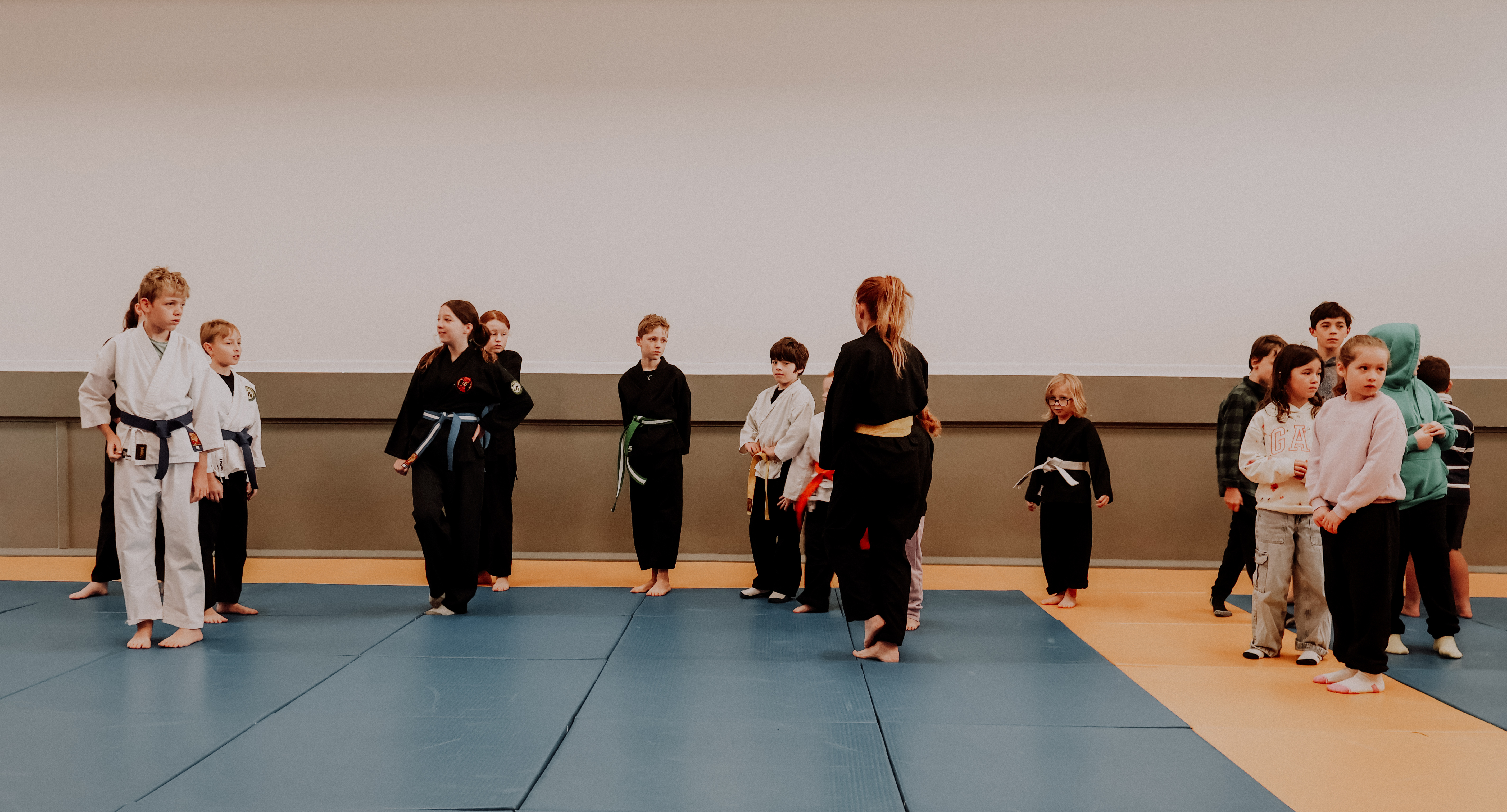 Kids class lined up on the mat at Tohkon Ryu Ipswich